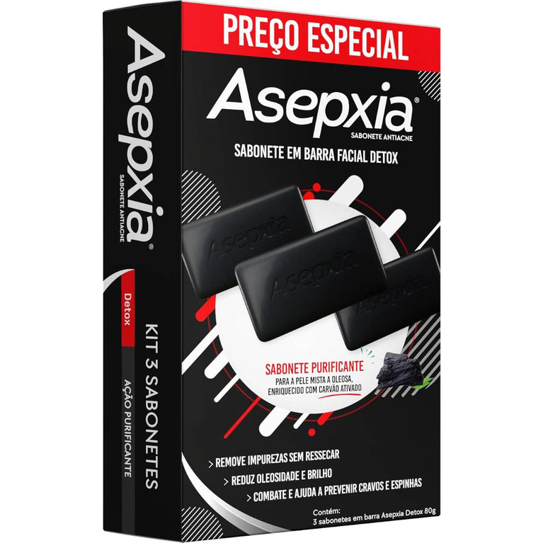 Asepxia Kit Sabonete Em Barra Facial Detox Antiacne Para Pele Oleosa, Limpeza Profunda Com Carvão Ativado, Remove Cravos