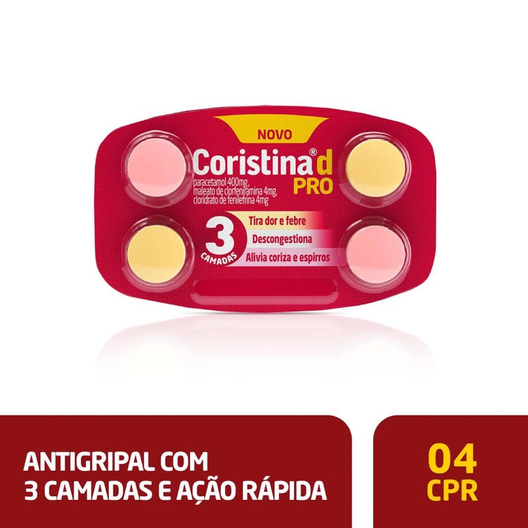 Coristina D Pro Cloridrato Fenillefrina 4mg + Paracetamol 400mg + Maleato de Clorfeniramina 4mg 4 comprimidos