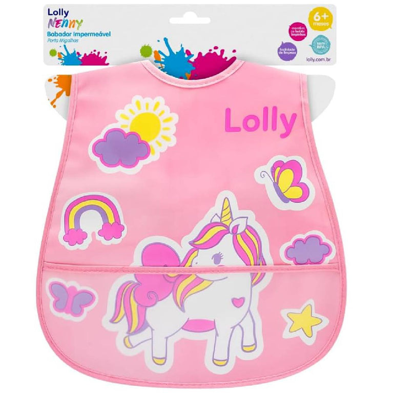 Lolly Babador Infantil Impermeável Porta Migalhas Unicórnio Rosa