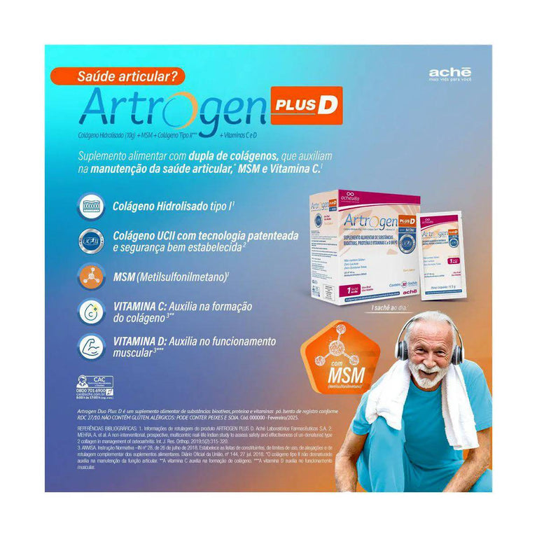 Colágeno Artrogen Plus D com MSM 30 sachês