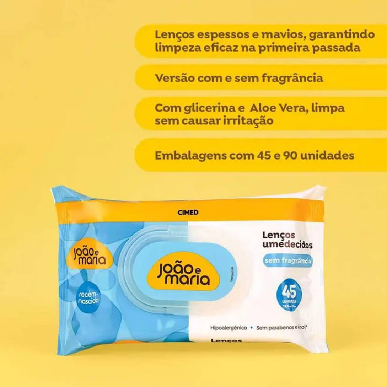 Lenço Umedecido João e Maria Recém-Nascido Sem Fragrância 45 Unid