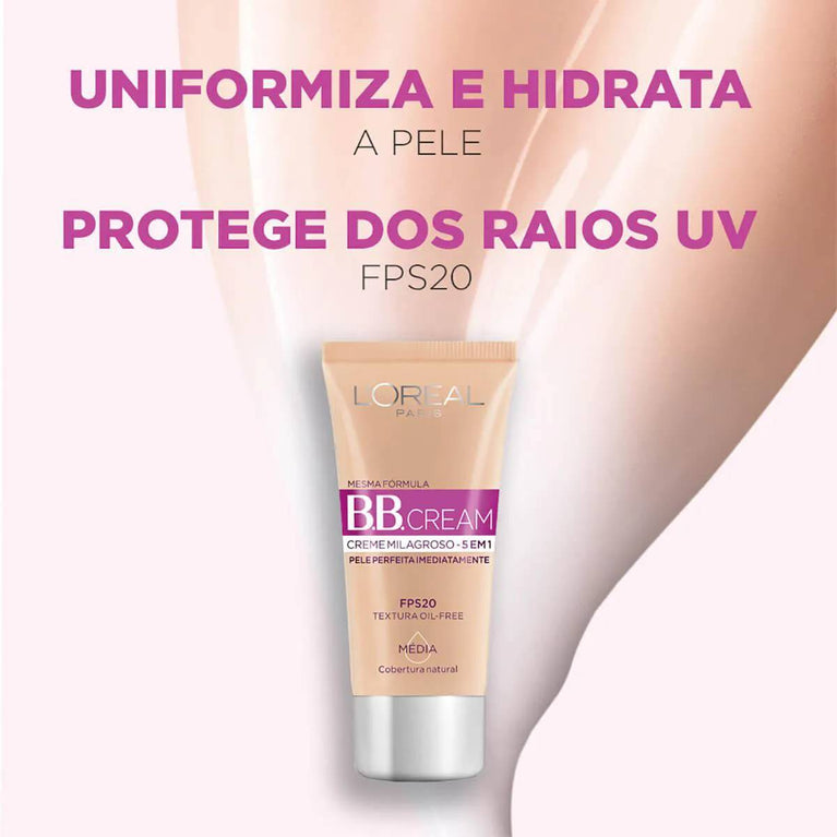 Base BB Cream L'Oréal Paris 5 em 1 Dermo Expertise Cor Média FPS 20 Cobertura Natural com FPS para Tom Médio 30ml