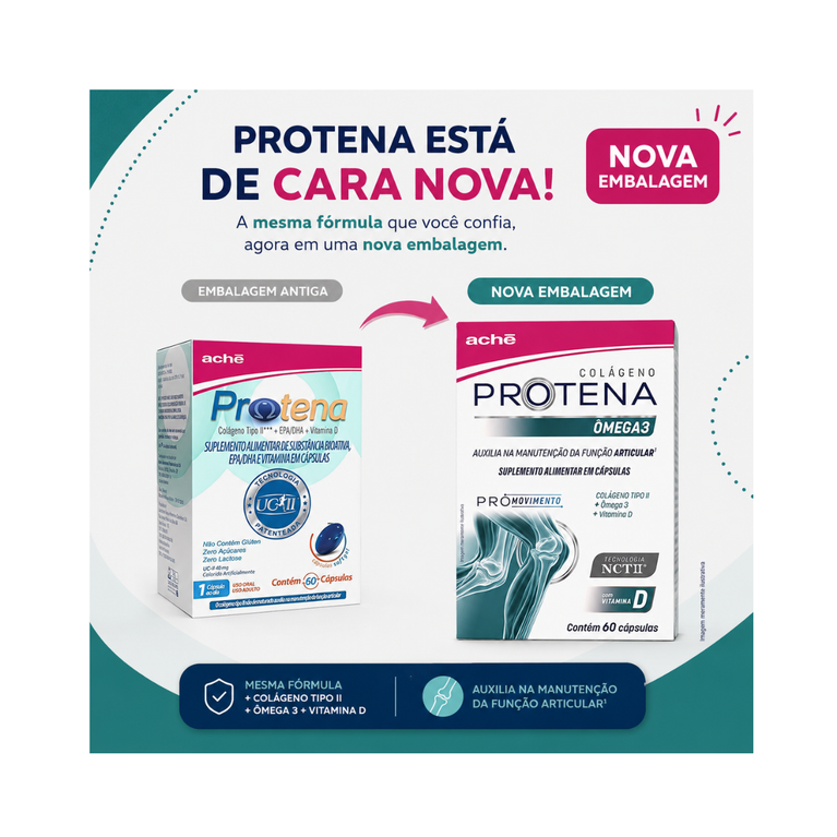 Protena Colágeno Não Hidrolisado Tipo II 40mg + Ômega 3 + Vitamina D - 60 cápsulas