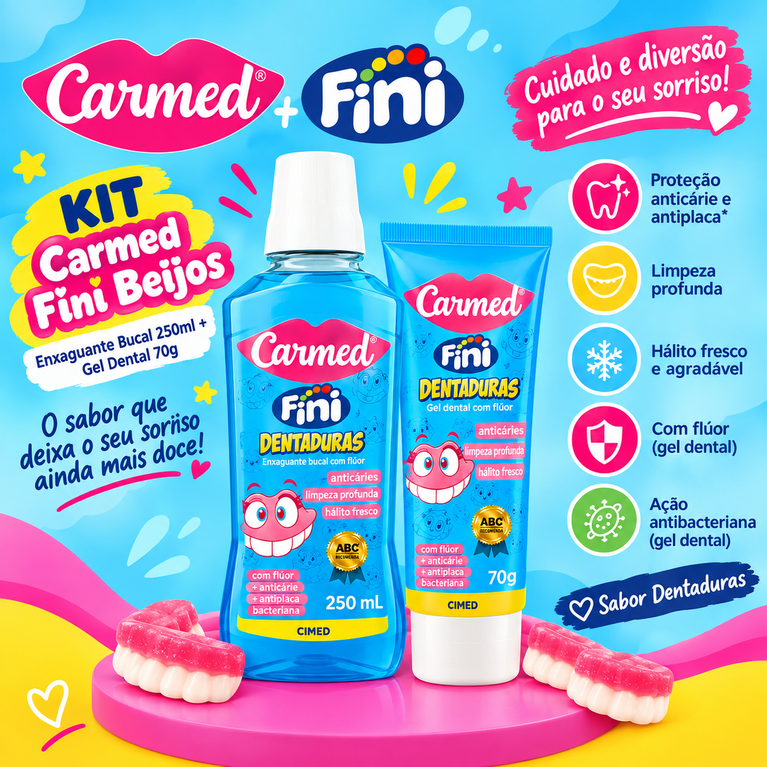 Kit Carmed Fini Dentaduras Enxaguante Bucal 250ml + Gel Dental com Flúor 70g