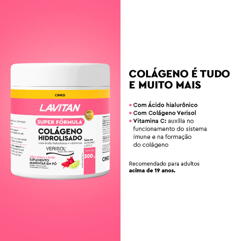 Kit 03 Lavitan Colágeno Hidrolisado Pó 300g Sabor Abacaxi + Maçã Verde + Hibisco