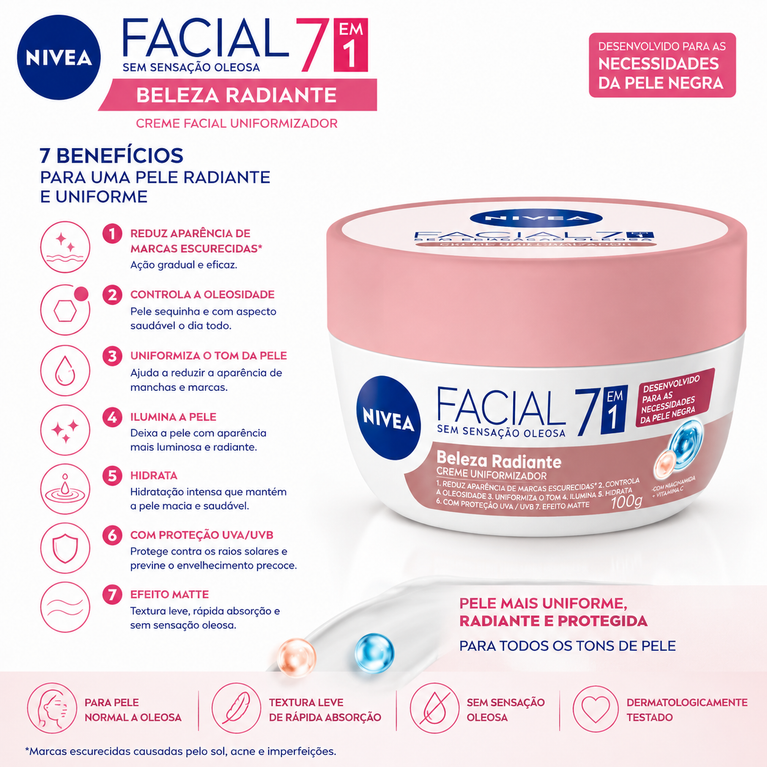 Hdratante Facial Beleza Radiante 7 em 1 Pele Negra 100G Nivea