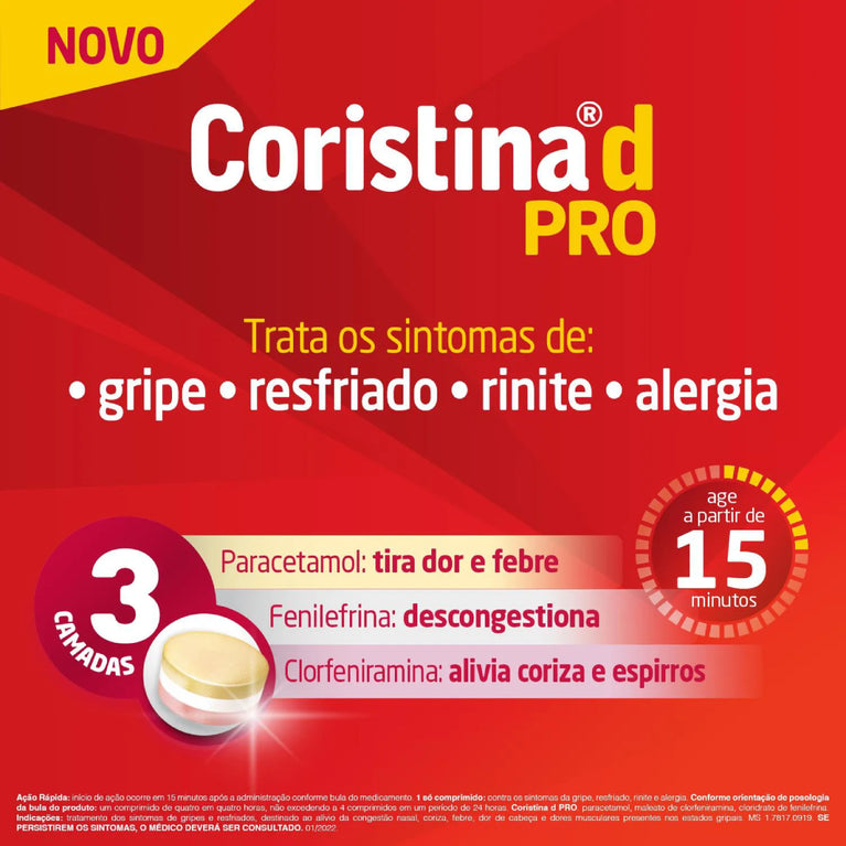 Coristina D Pro Cloridrato Fenillefrina 4mg + Paracetamol 400mg + Maleato de Clorfeniramina 4mg 4 comprimidos
