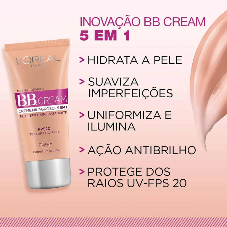 Base BB Cream L'Oréal Paris 5 em 1 Dermo Expertise Cor Média FPS 20 Cobertura Natural com FPS para Tom Médio 30ml