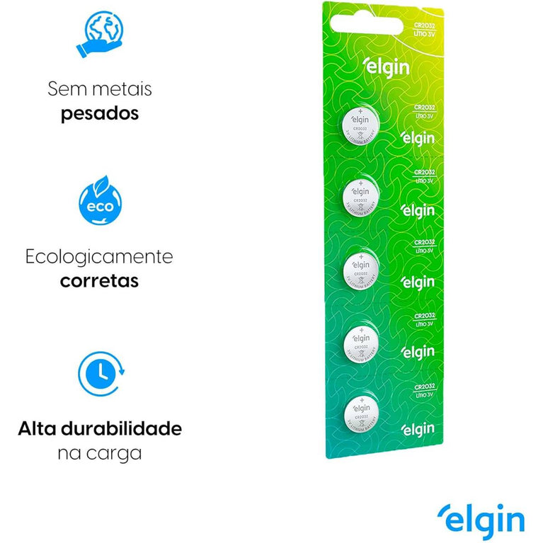 Bateria de Lítio CR2032 Elgin 3V Cartela com 5 unidades