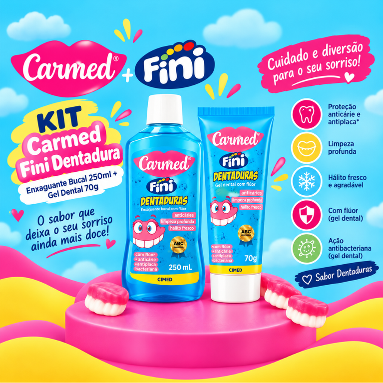 Kit Carmed Fini Dentaduras Enxaguante Bucal 250ml + Gel Dental com Flúor 70g