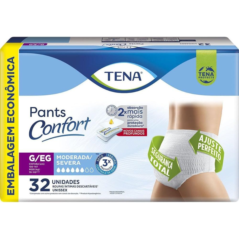 Tena Pants Confort, Roupa Íntima para Incontinência Urinária, G/EG - 32 unidades