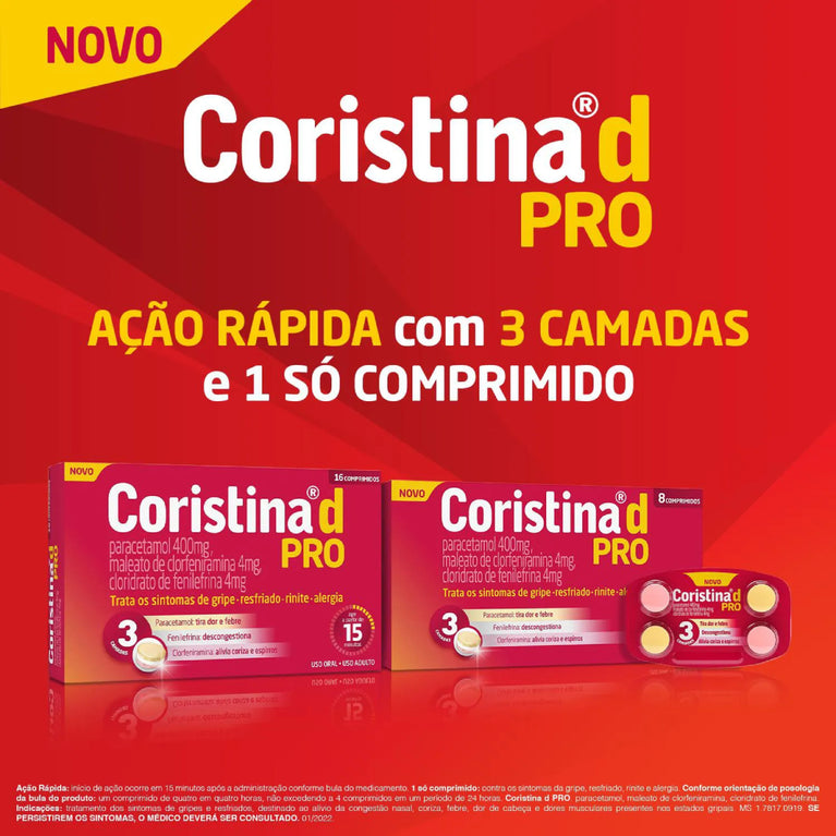 Coristina D Pro Cloridrato Fenillefrina 4mg + Paracetamol 400mg + Maleato de Clorfeniramina 4mg 4 comprimidos
