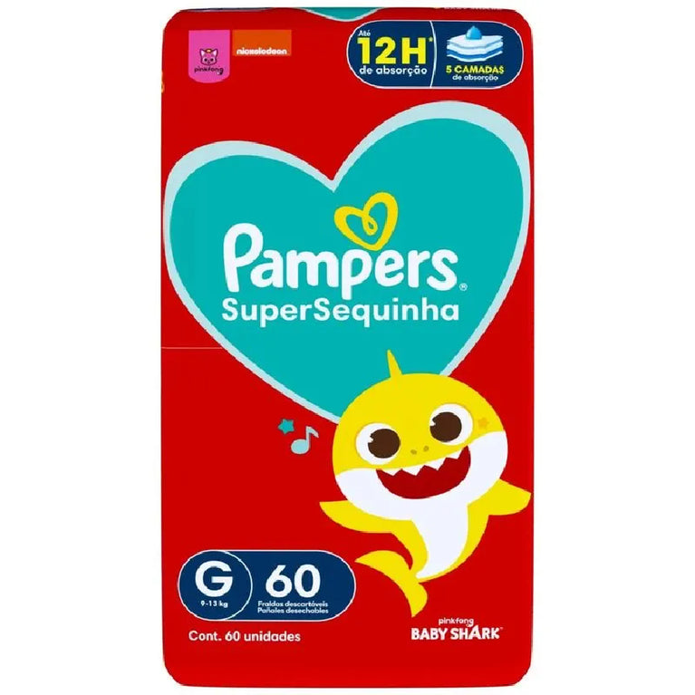 Fralda Pampers Super Sequinha Baby Shark G 60 Unidades