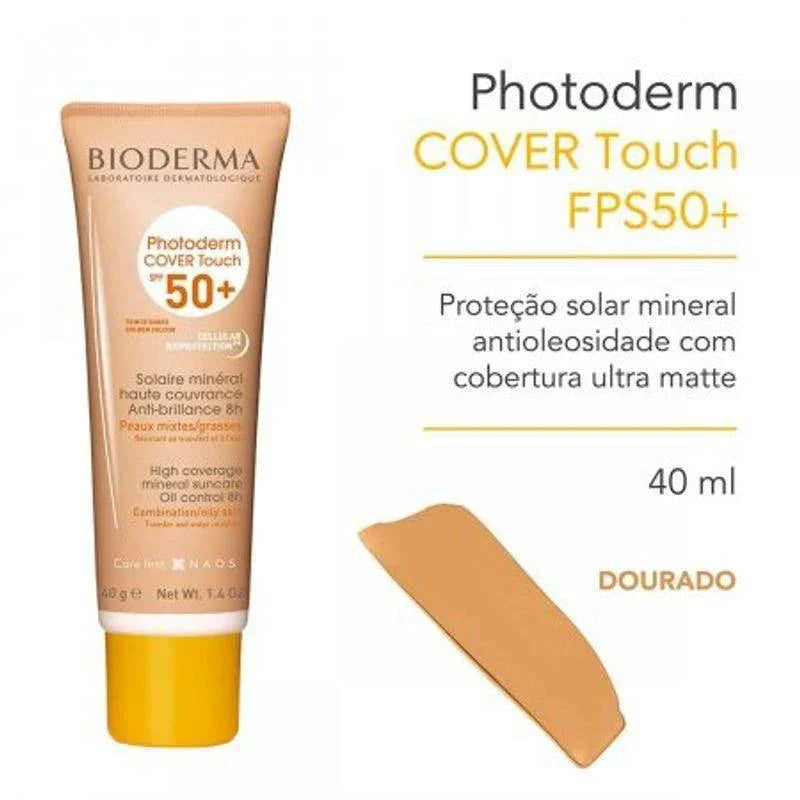 Protetor Solar Facial FPS 50 Bioderma Photoderm Cover Touch Dourado Pele Morena 40ml - Drogaria Poupa Centro