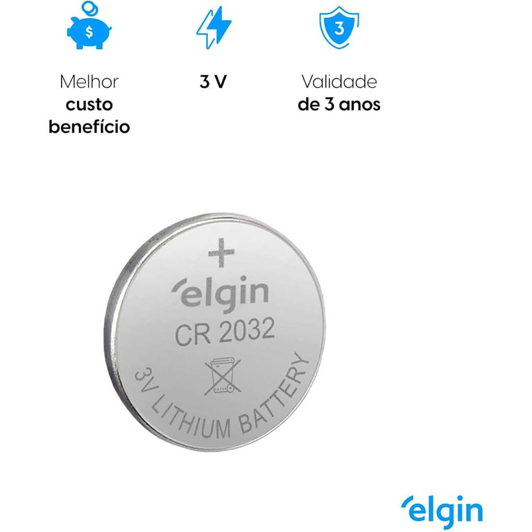 Bateria de Lítio CR2032 Elgin 3V Cartela com 5 unidades