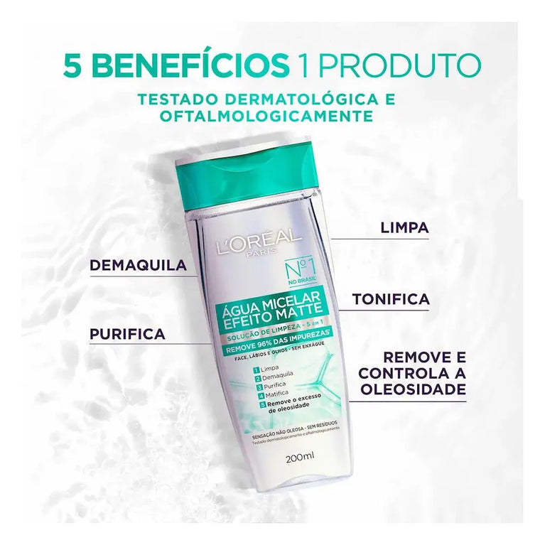 Água Micelar L'Oréal Paris Efeito Matte Solução de Limpeza Facial 200ml
