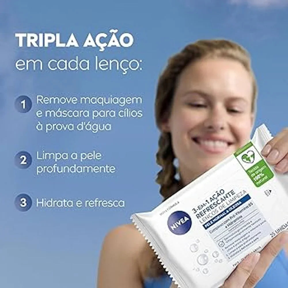 Lenço Demaquilante Nivea 3 em 1 Ação Refrescante com 25und