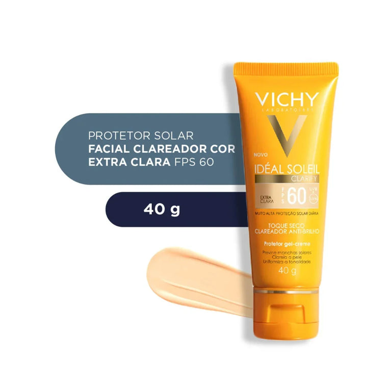 Protetor Facial Vichy Idéal Soleil Clarify FPS 60 Cor Extra Clara 40 g – Vichy