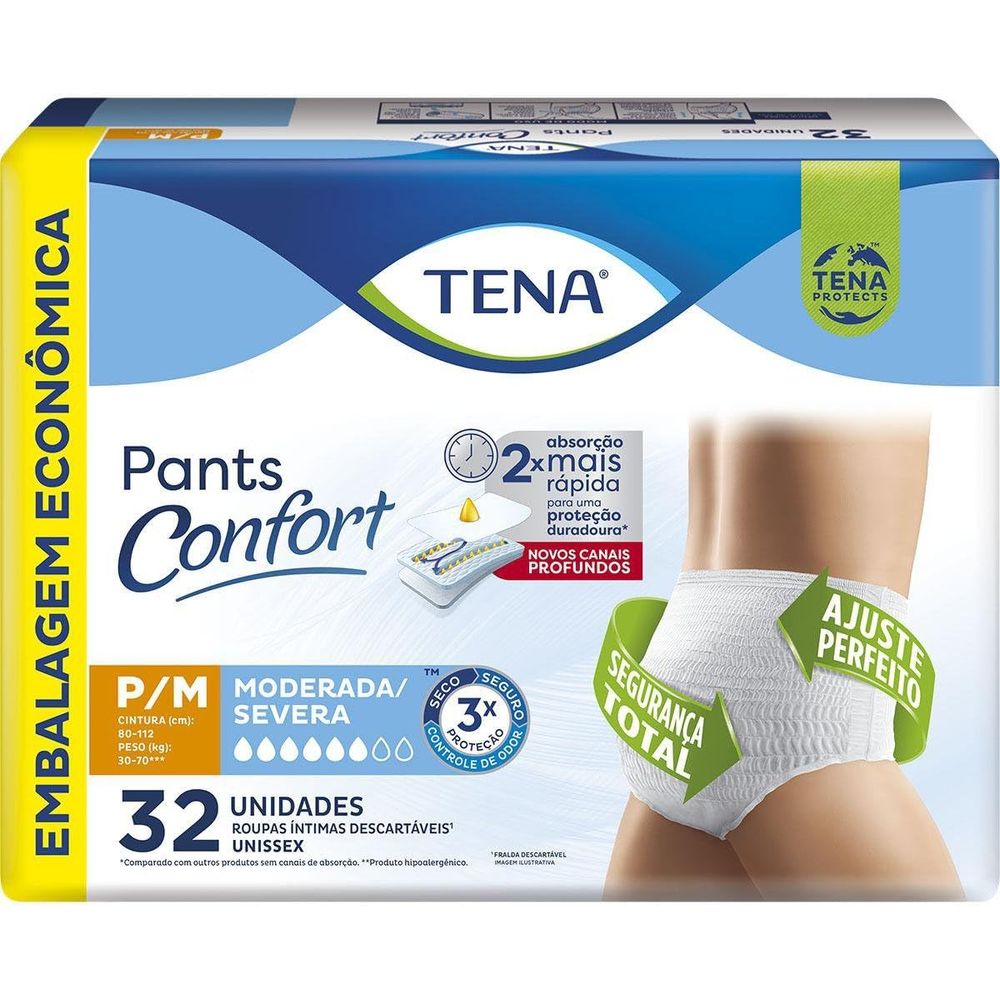 Tena Pants Confort, Roupa Íntima para Incontinência Urinária, P/M - 32 unidades