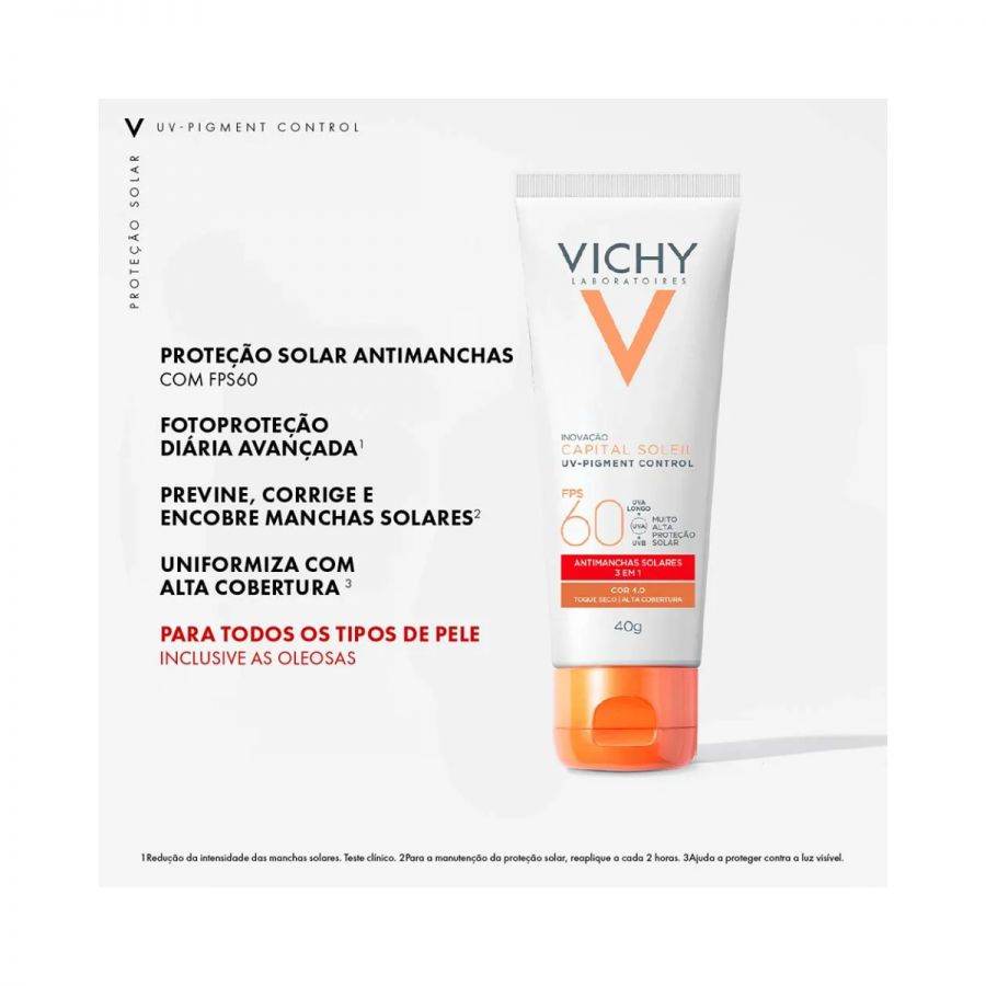 Protetor Solar Facial Capital Soleil UV-Pigment Control Vichy FPS 60 Cor 4.0 Com 40g - Drogaria Poupa Centro