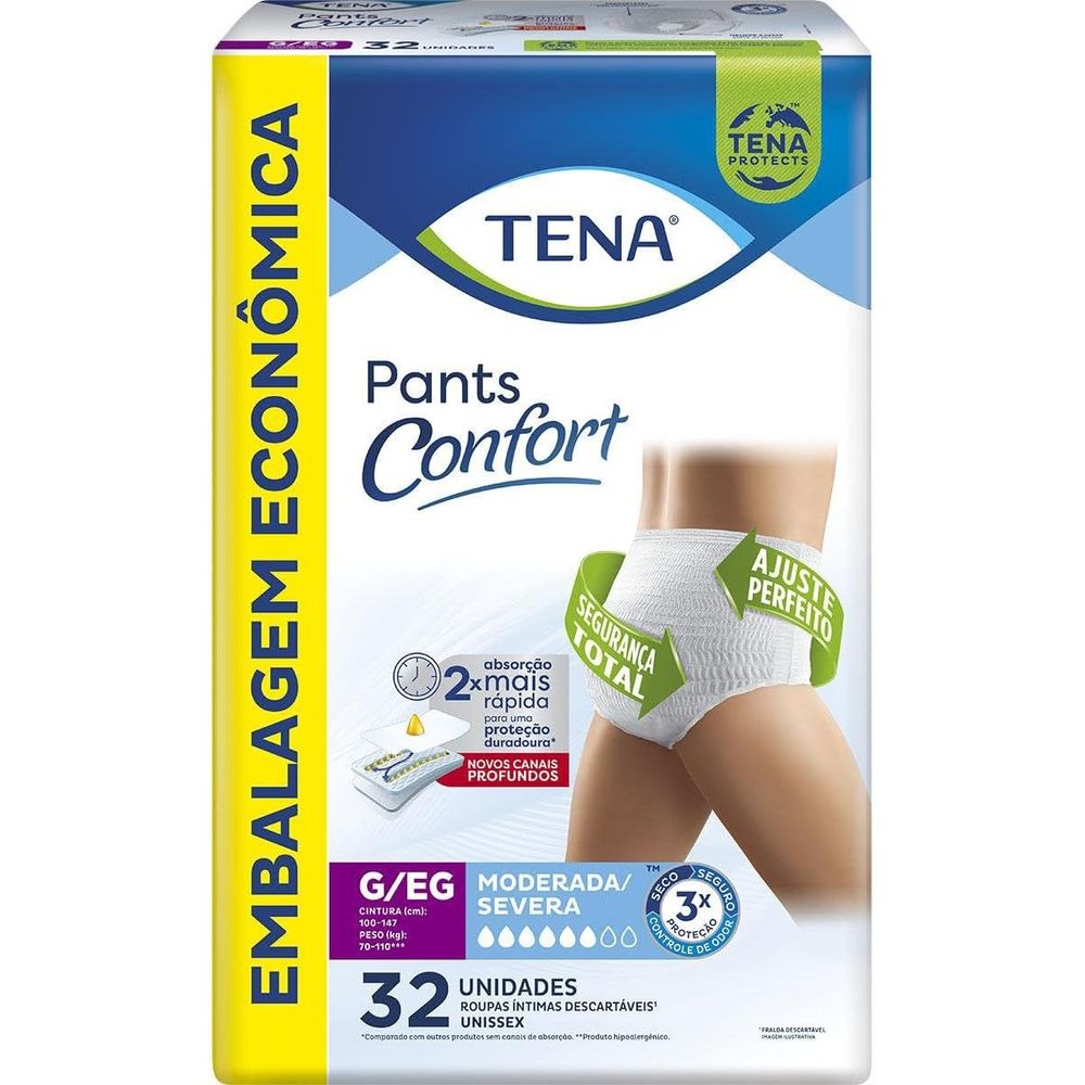 Tena Pants Confort, Roupa Íntima para Incontinência Urinária, G/EG - 32 unidades