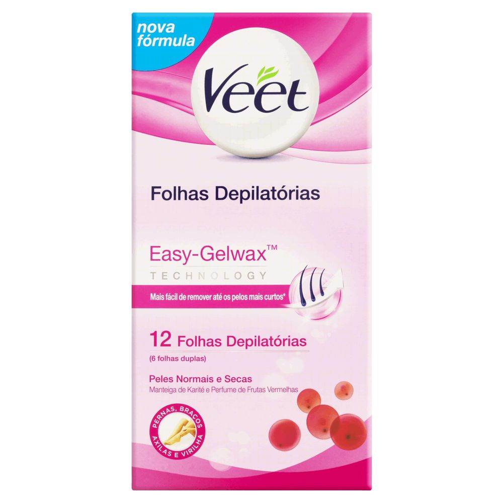 Veet Folhas Depilatórias Easy-Gelwax Peles Normais e Secas - 12 Folhas - Drogaria Poupa Centro