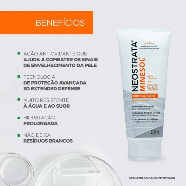 Neostrata Minesol Corpo e Rosto FPS 99 Protetor Solar Fluido 200ml