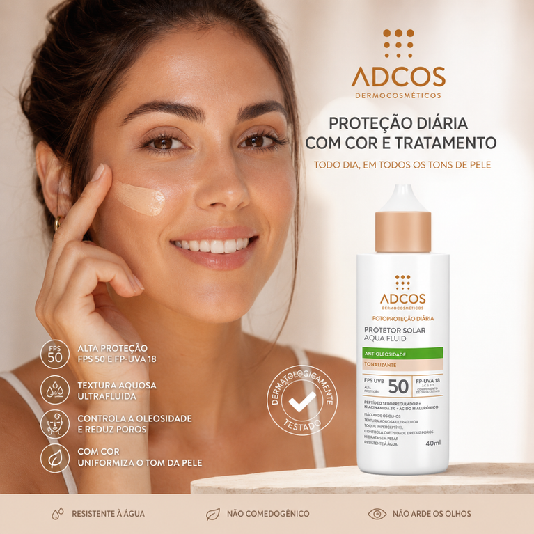 Protetor Solar Facial Adcos Aqua Fluid FPS 50 Tonalizante 40ml VALIDADE 09/2026