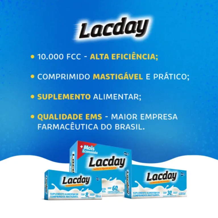 Lacday 10.000 U.FCC Enzima Lactase 60 Comprimidos Mastigáveis