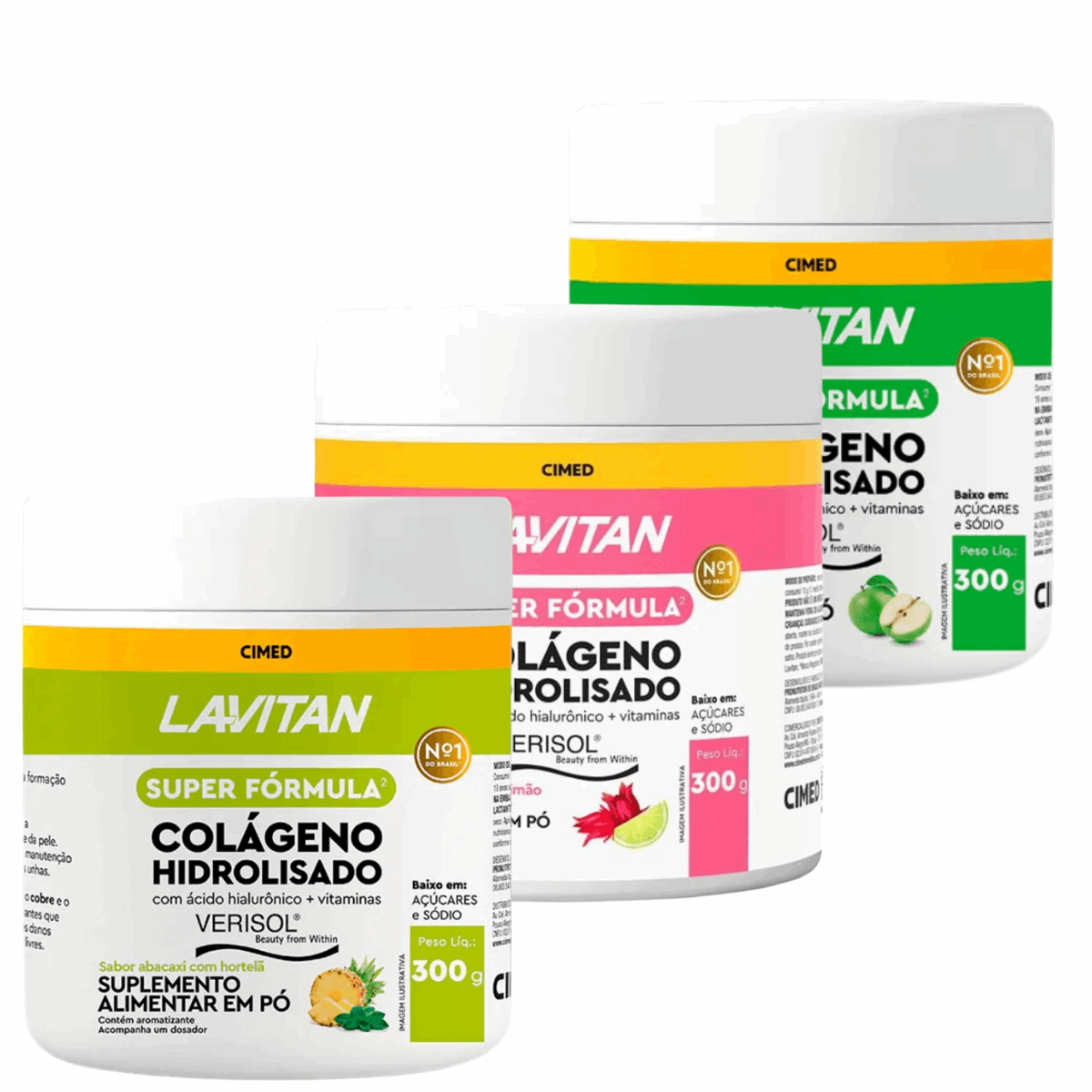 Kit 03 Lavitan Colágeno Hidrolisado Pó 300g Sabor Abacaxi + Maçã Verde + Hibisco