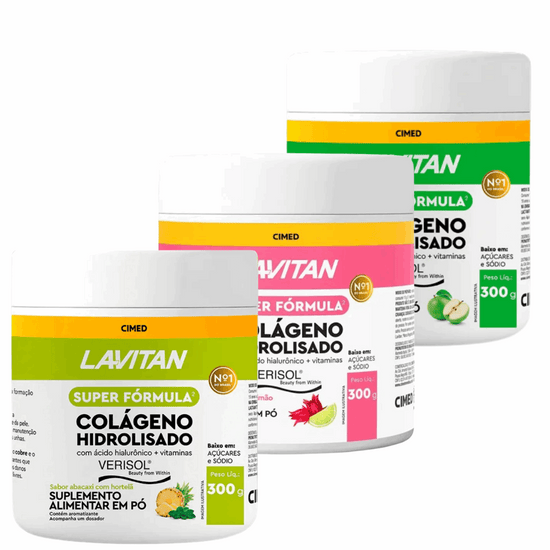 Kit 03 Lavitan Colágeno Hidrolisado Pó 300g Sabor Abacaxi + Maçã Verde + Hibisco