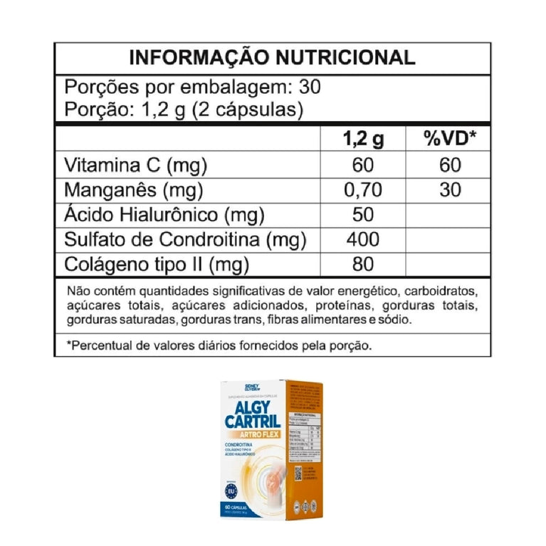 Algy Cartril Artro Flex Colágeno Tipo 2 e Condroitina 60 Cápsulas