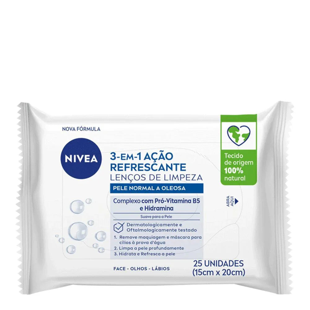 Lenço Demaquilante Nivea 3 em 1 Ação Refrescante com 25und