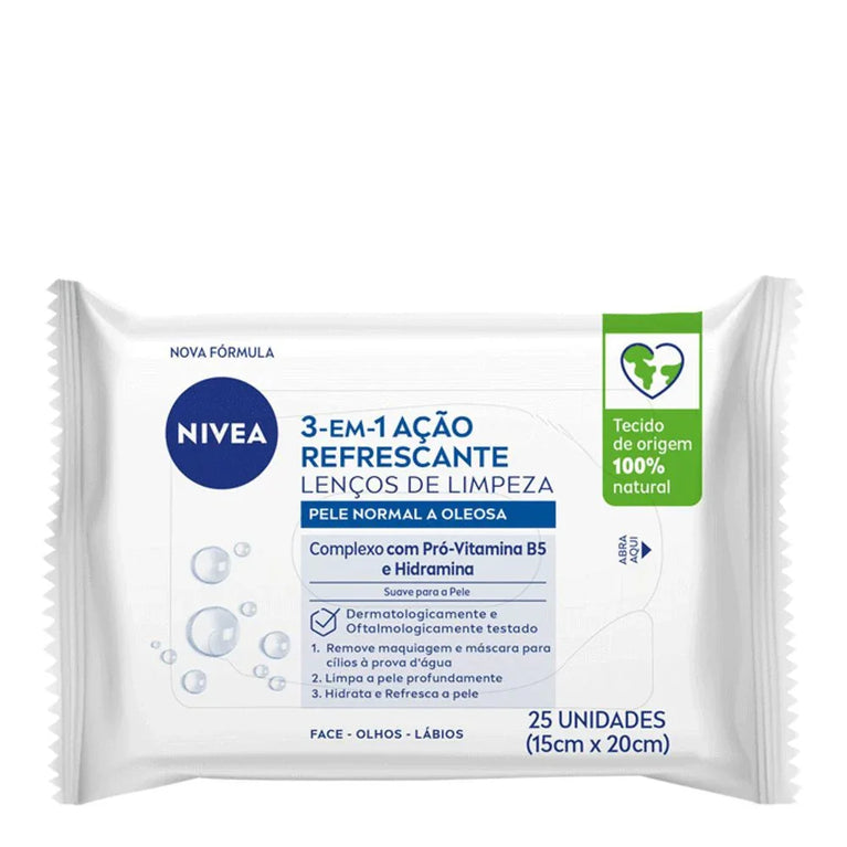 Lenço Demaquilante Nivea 3 em 1 Ação Refrescante com 25und