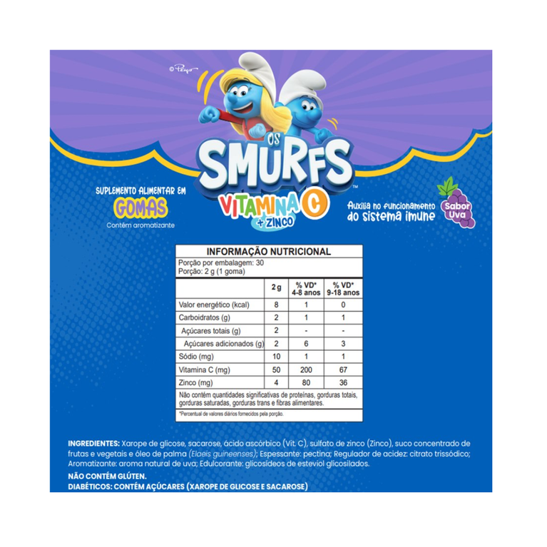 Suplemento Infantil Os Smurfs Vitamina C + Zinco 30 Gomas