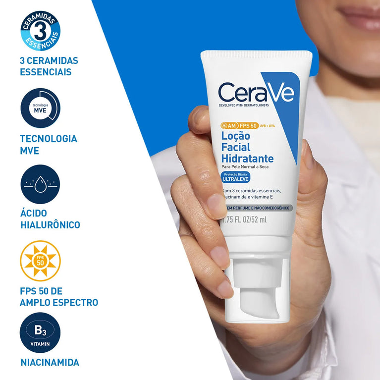 Loção Hidratante Facial CeraVe AM FPS 50 Proteção Solar e Hidratação com Ceramidas 52ml